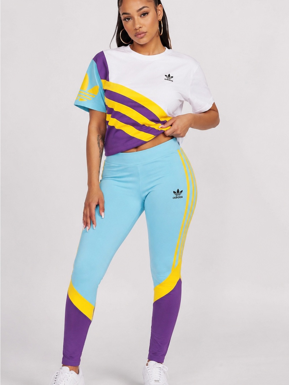 adidas Colorblock Leggings and crop top in Light Blue, Yellow & Purple